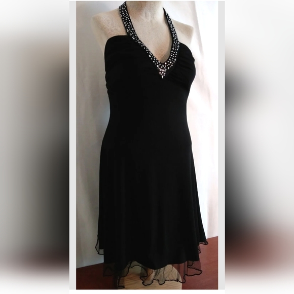 Betsy and Adam by Linda Bernell Black Halter Dress Rhinestone Embellished Formal - Picture 2 of 12